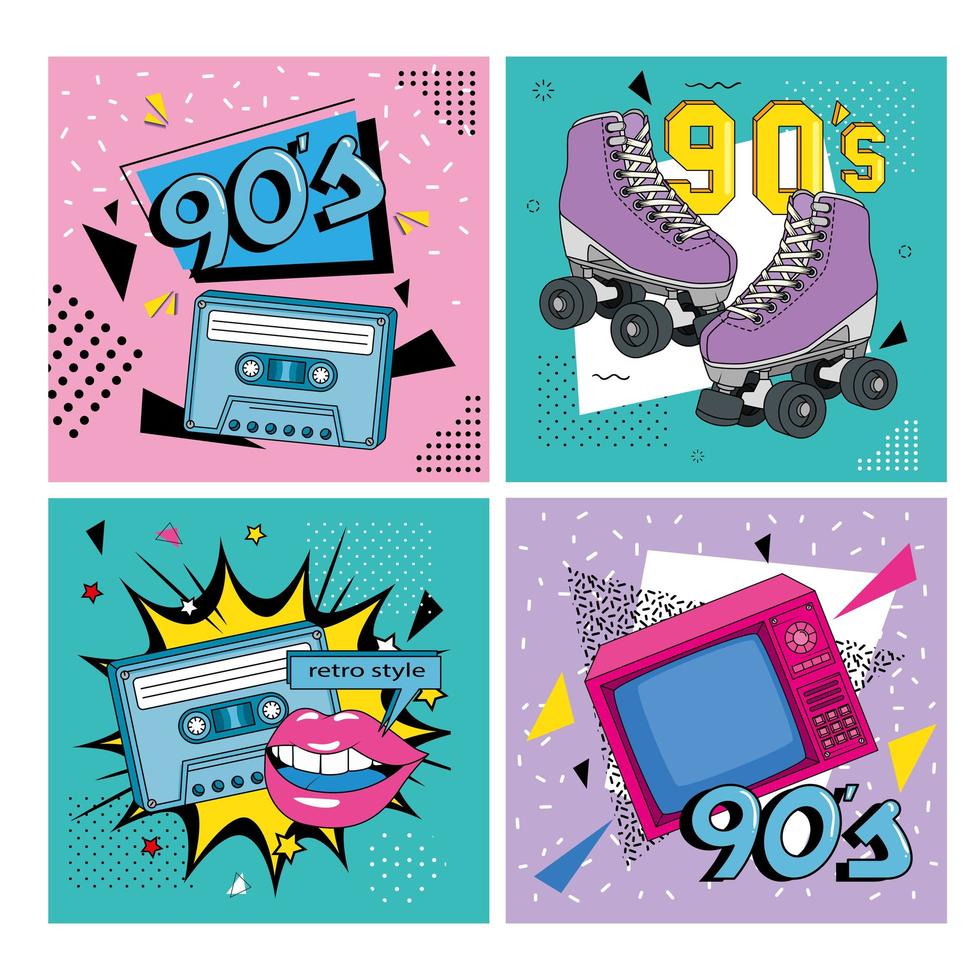 Establecer cartel de estilo retro de los noventa con iconos vector