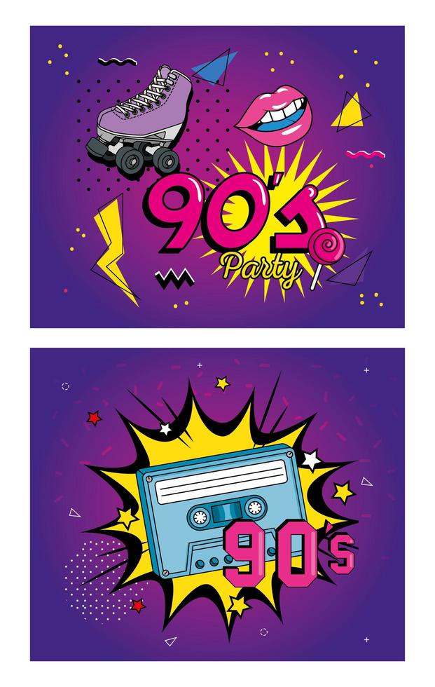 set poster of nineties retro style with icons vector