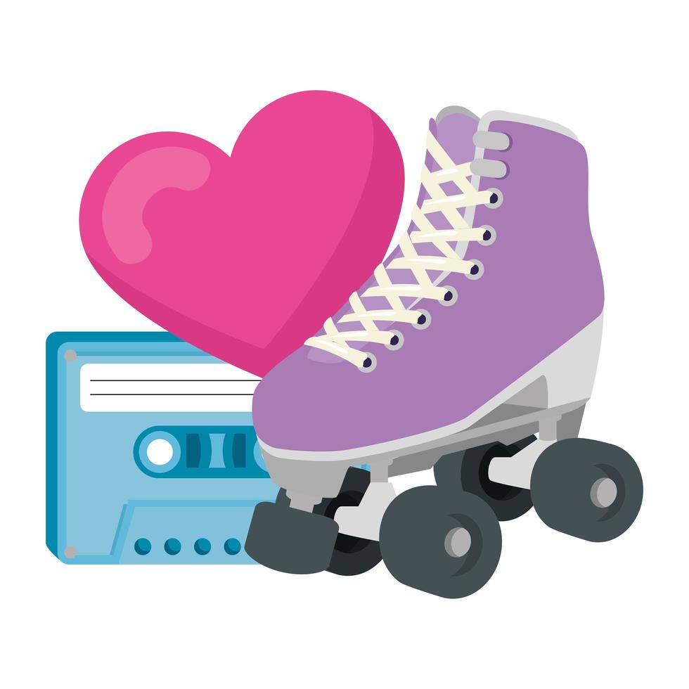 roller skate with heart and cassette of nineties vector