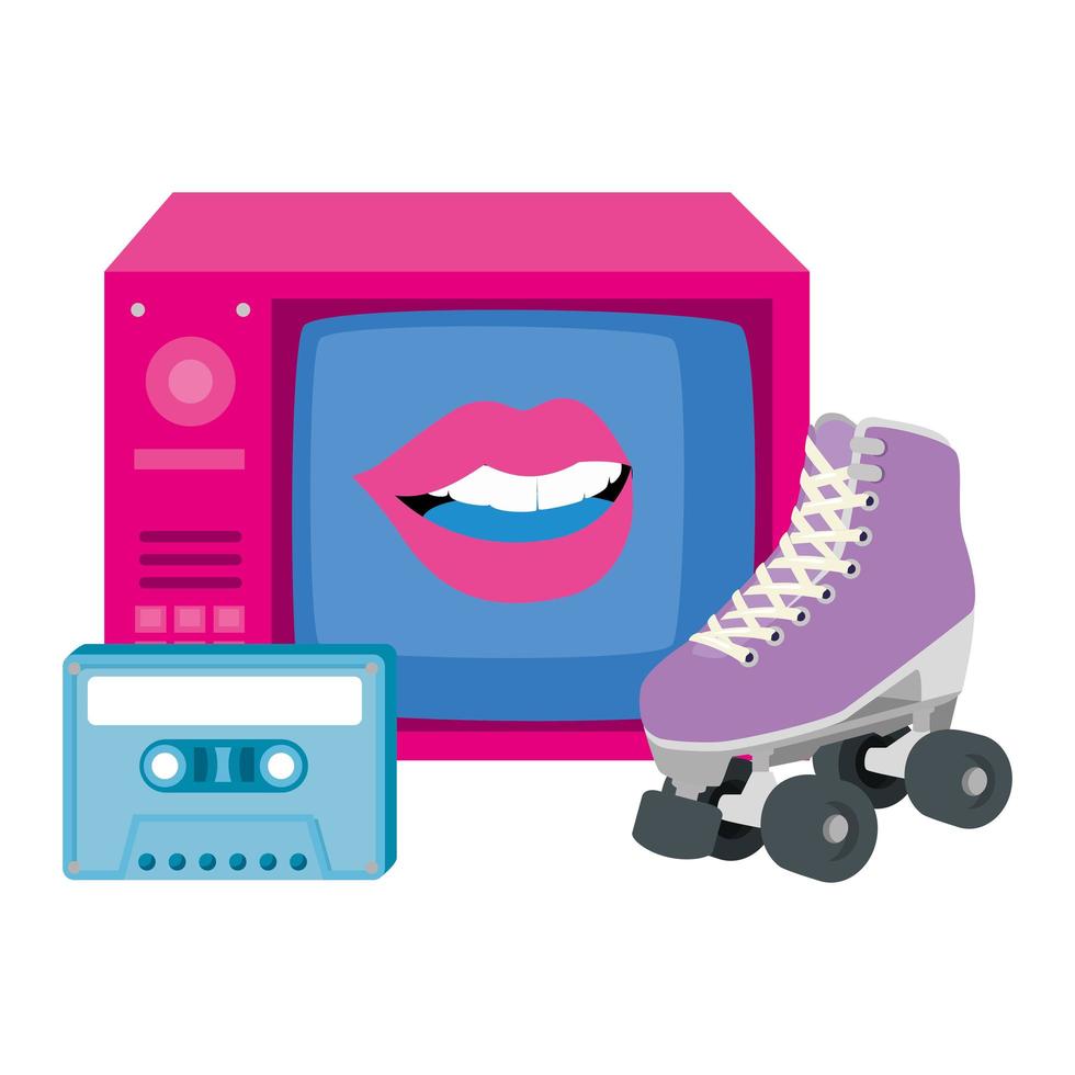 tv de los noventa con patines y cassette vector