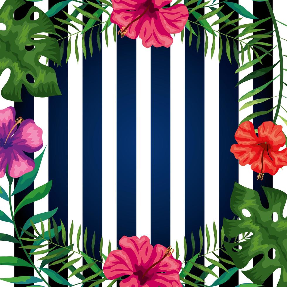 frame of flowers with branches and leafs in background stripes vector