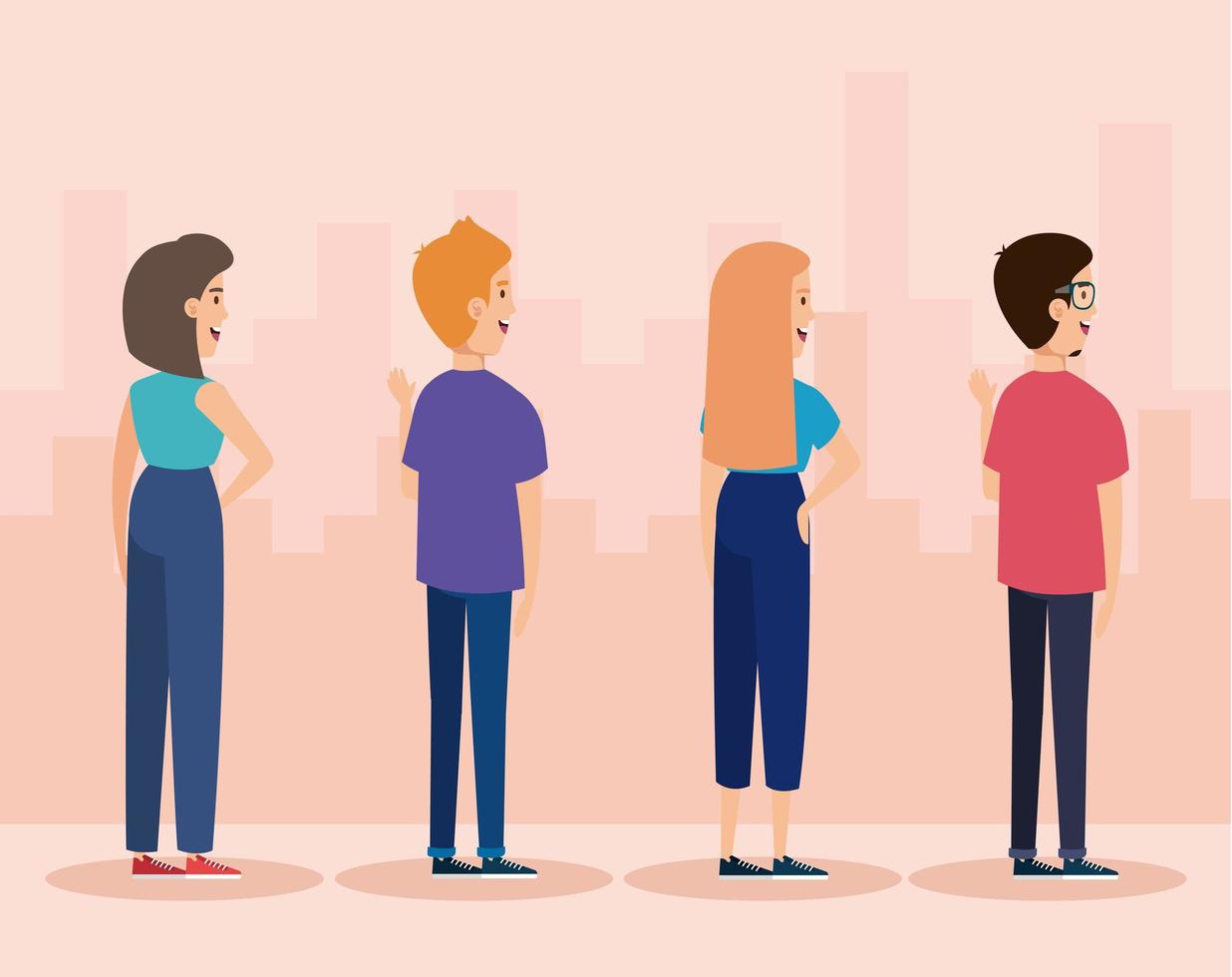 back group of young people avatar characters vector