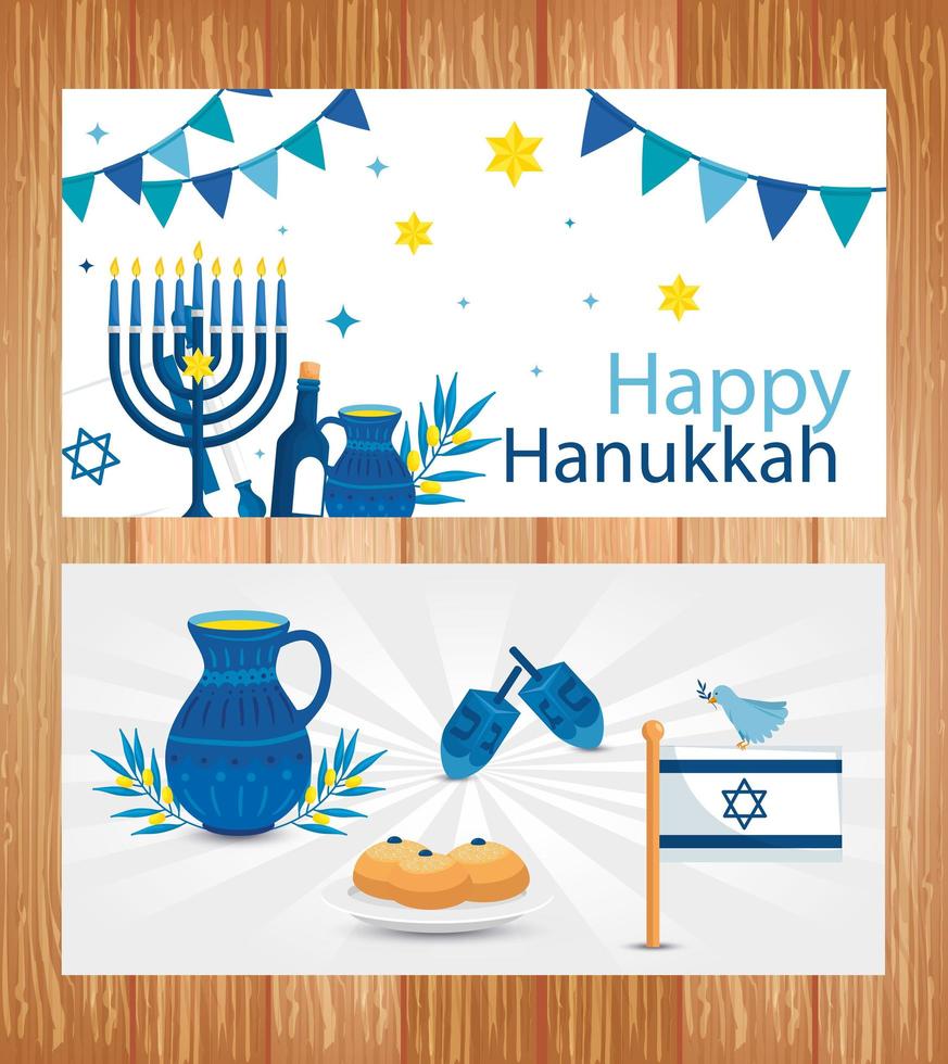 set poster of happy hanukkah with decoration vector