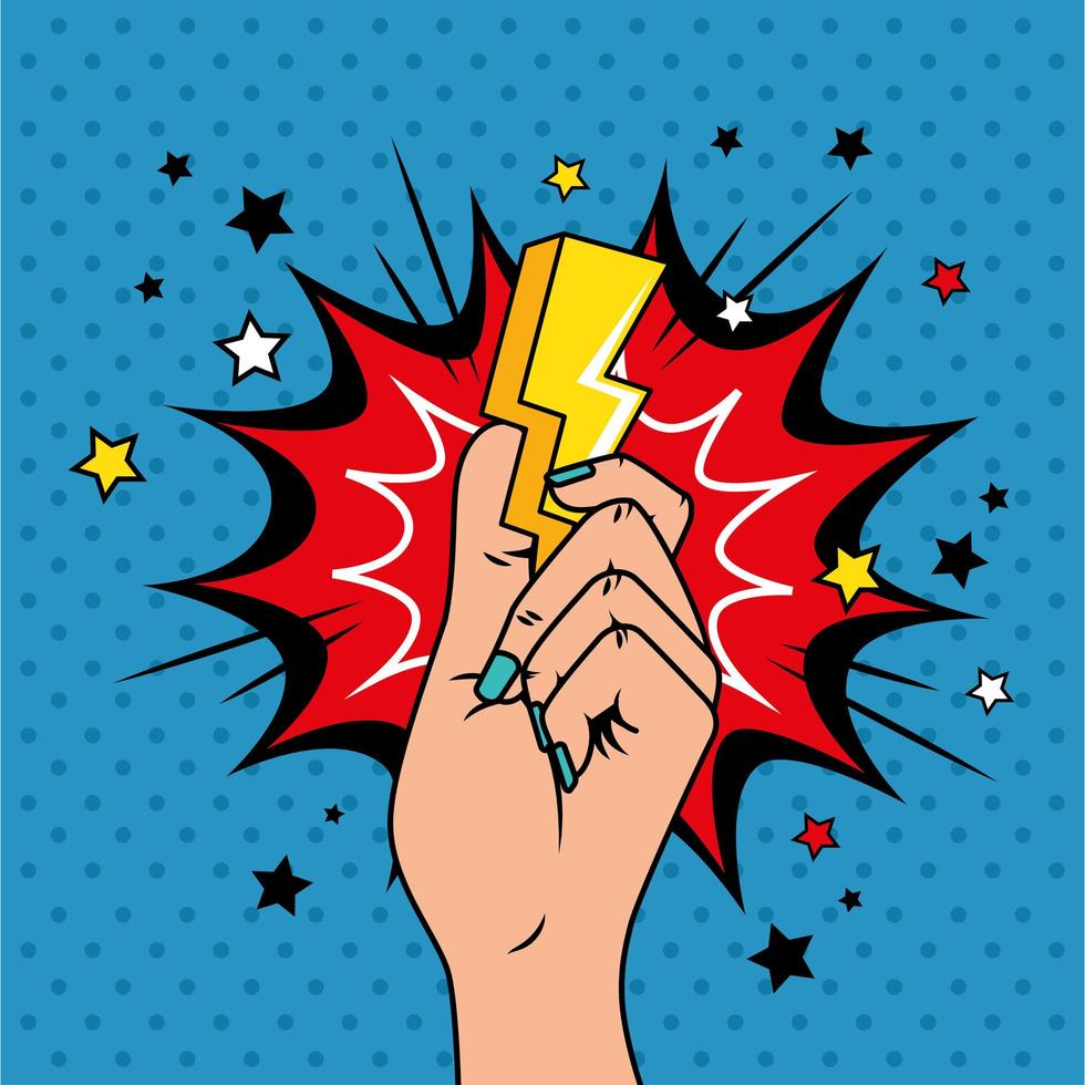 hand with thunderbolt and explosion pop art style icon vector