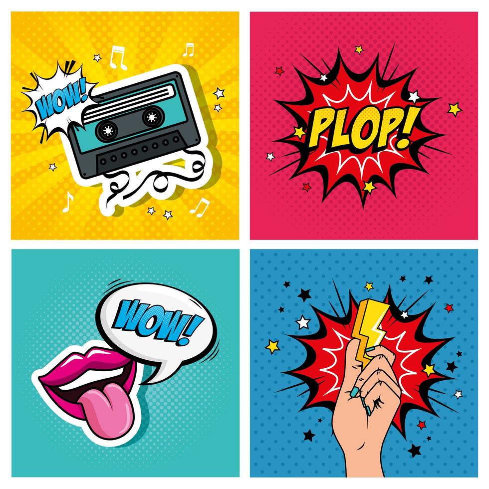 set icons and expressions style pop art vector