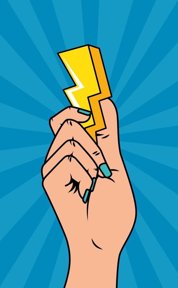 hand with thunderbolt pop art style icon vector
