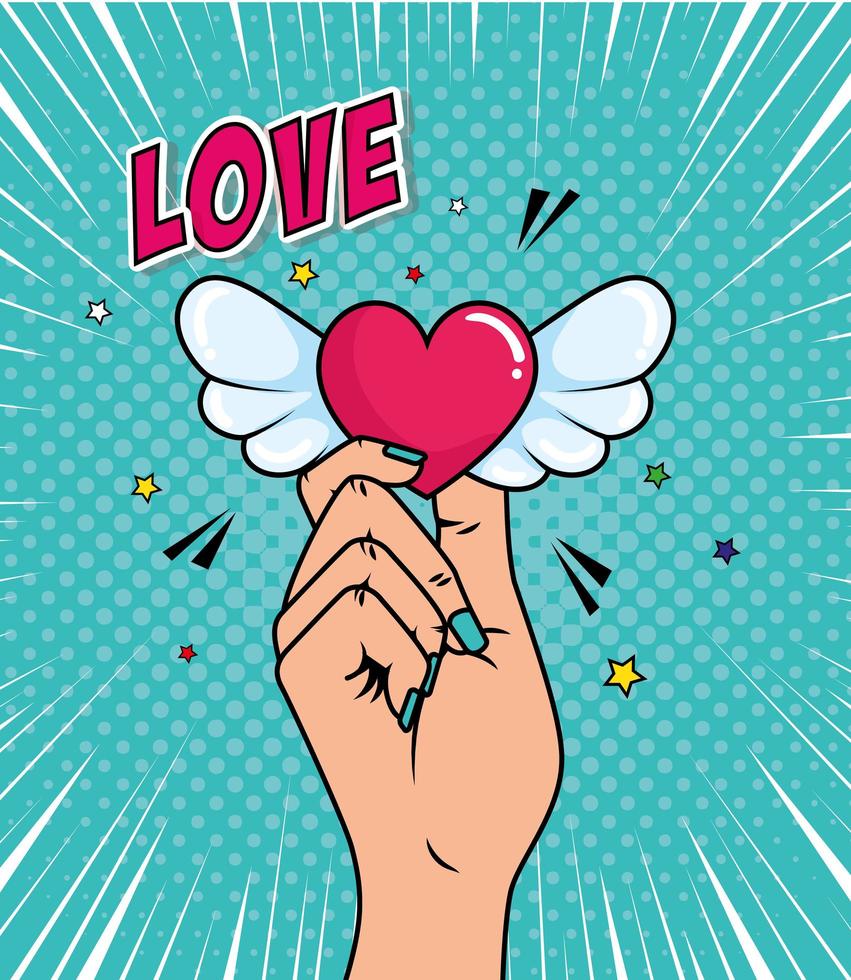 hand and heart with wings pop art style icon vector