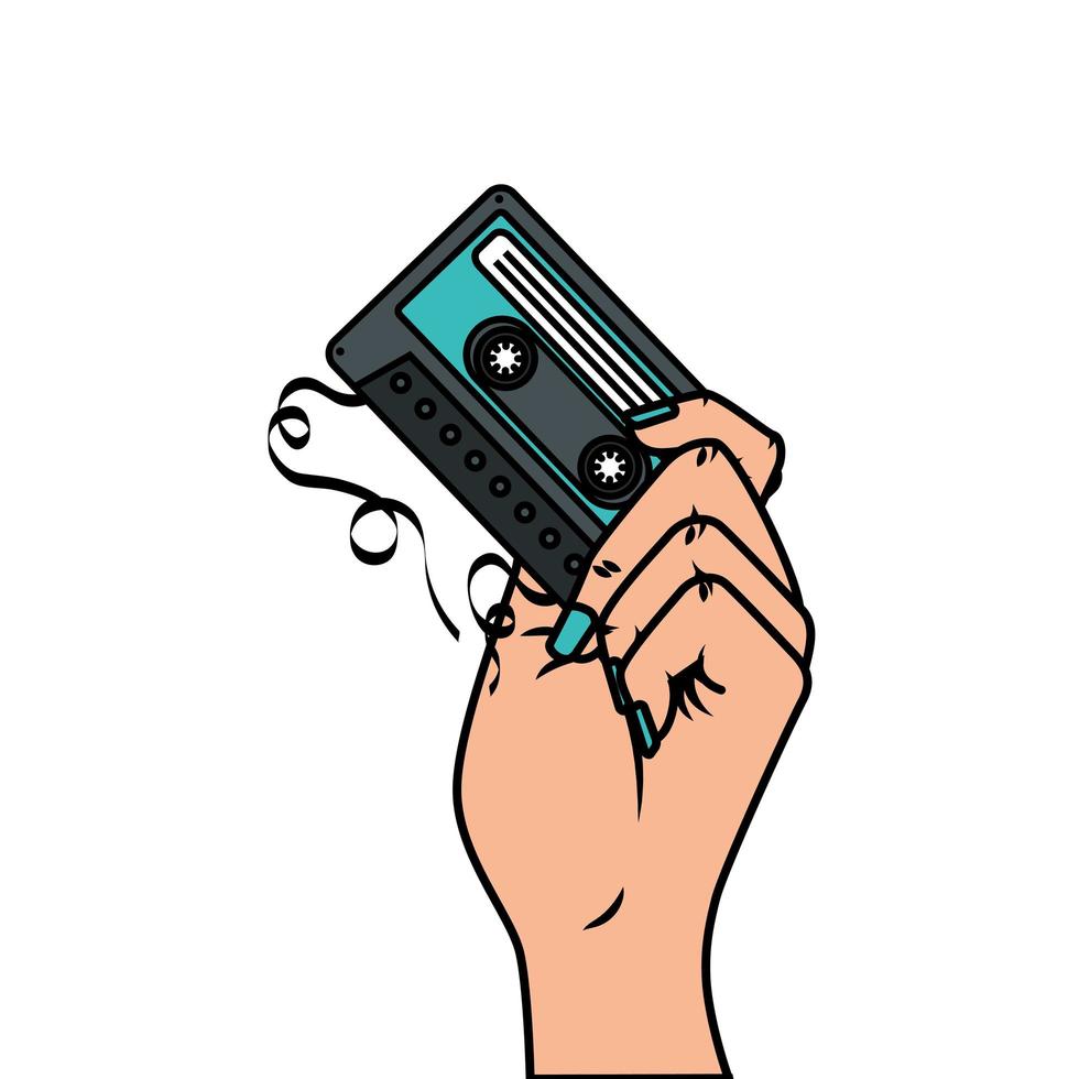 mano, con, cassette, música, arte pop, estilo, icono vector