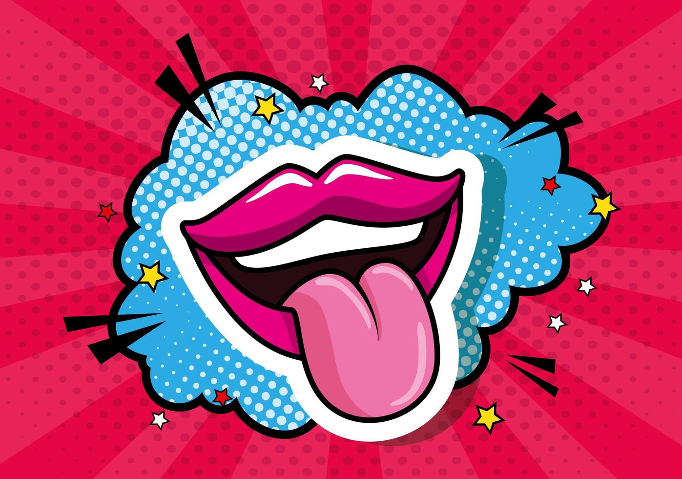 boca sexy con la lengua afuera con el icono del arte pop de nube vector