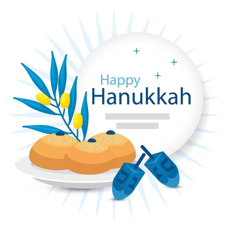 happy hanukkah with olive branch and icons vector