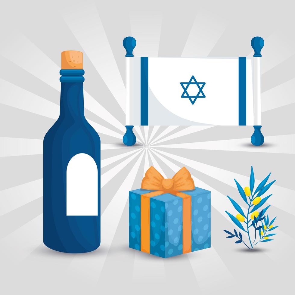 flag israel with bottle wine and icons vector