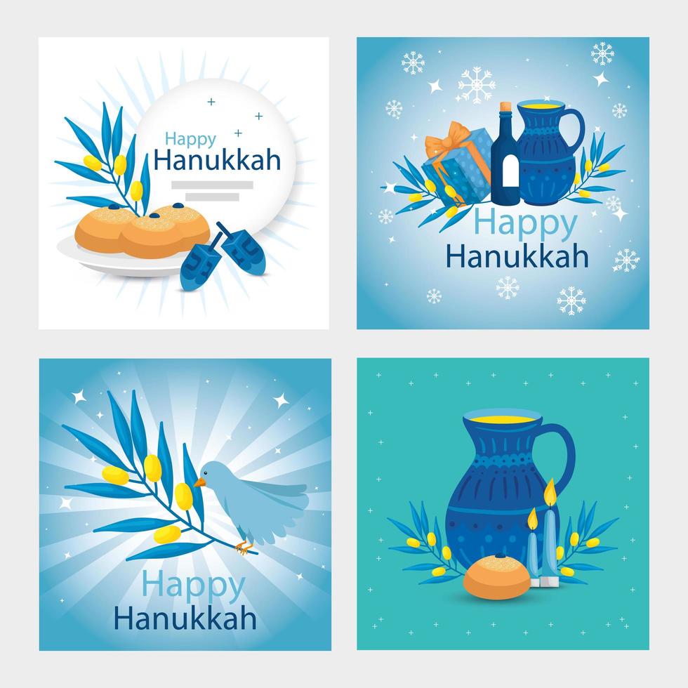 set poster of happy hanukkah with decoration vector