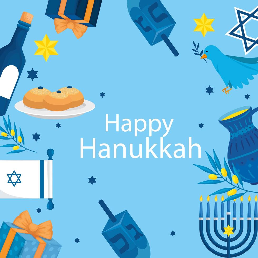 feliz hanukkah con marco de iconos vector