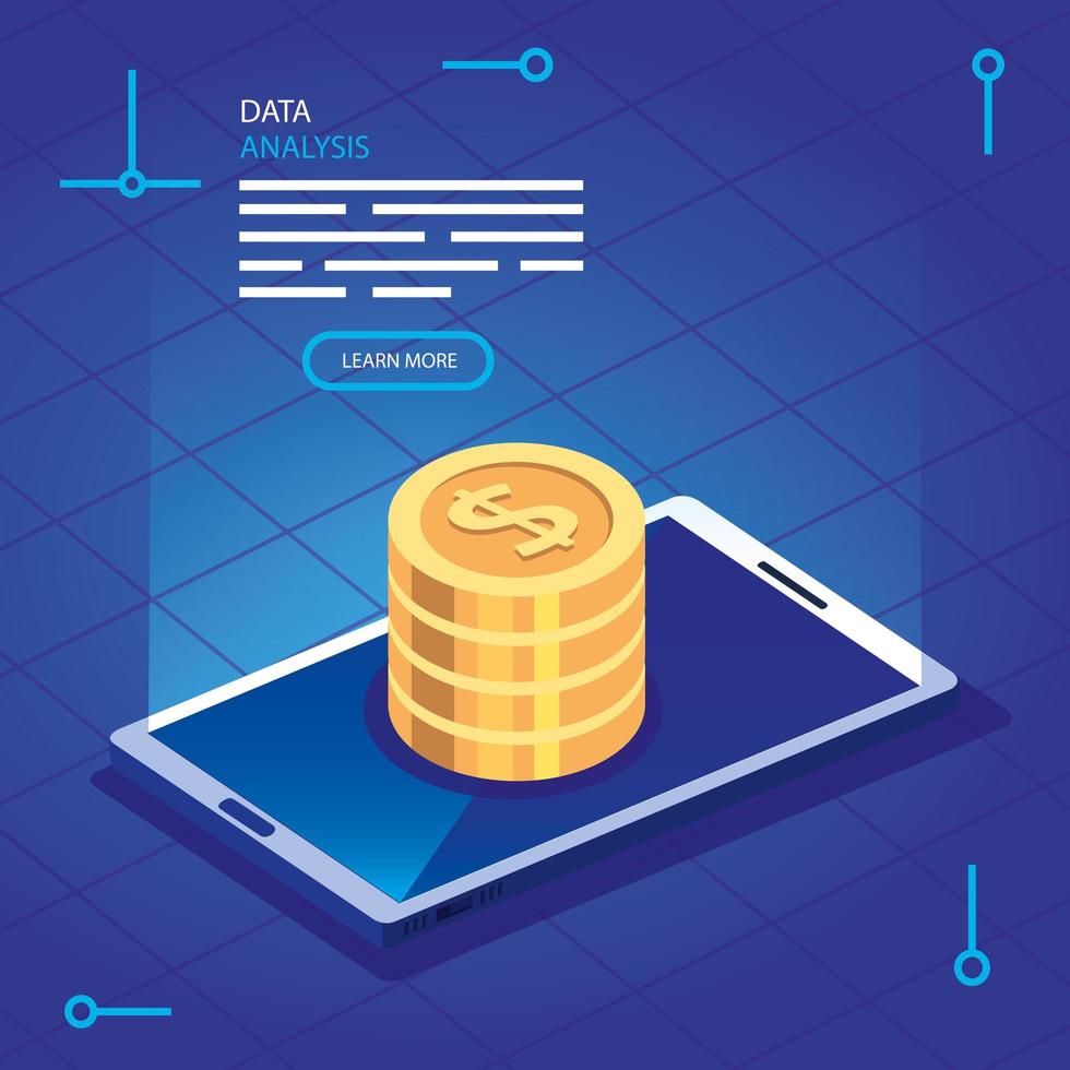 analysis data with smartphone and pile coins vector