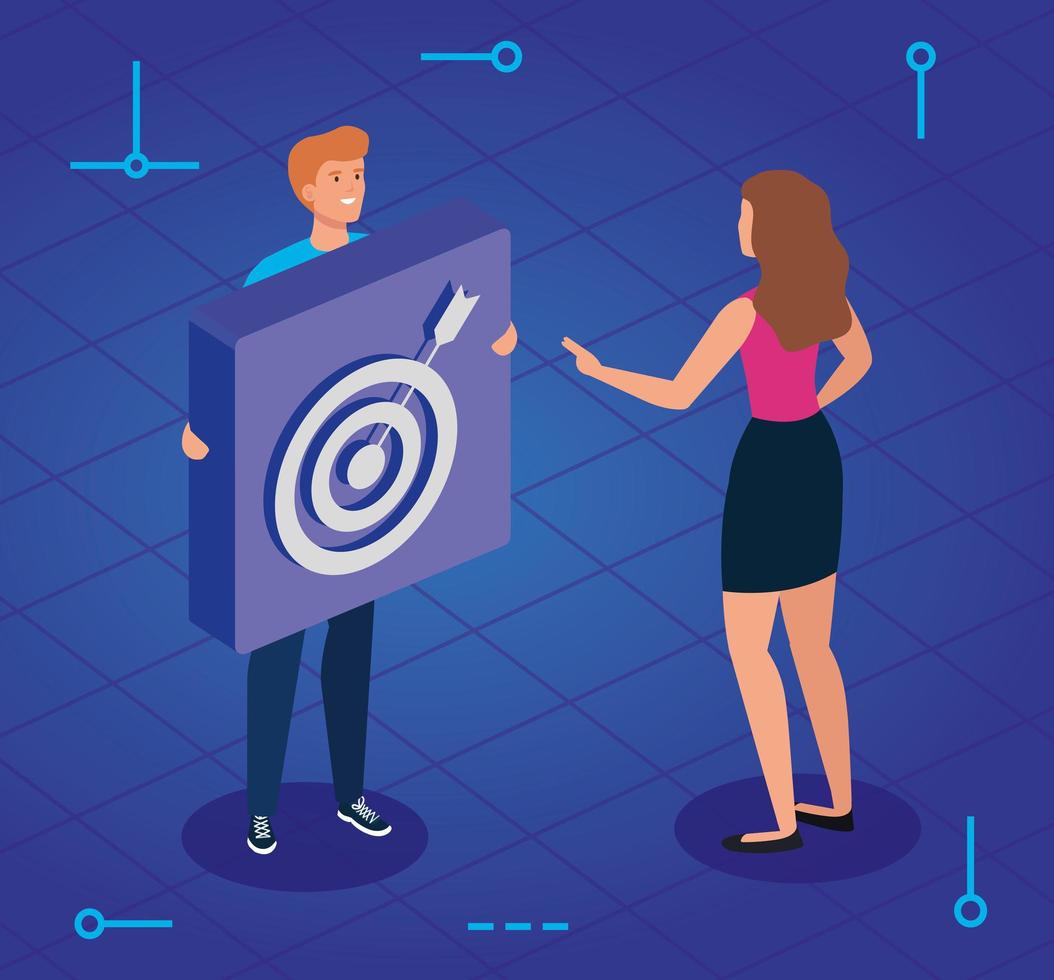 young couple and button with target and arrow vector