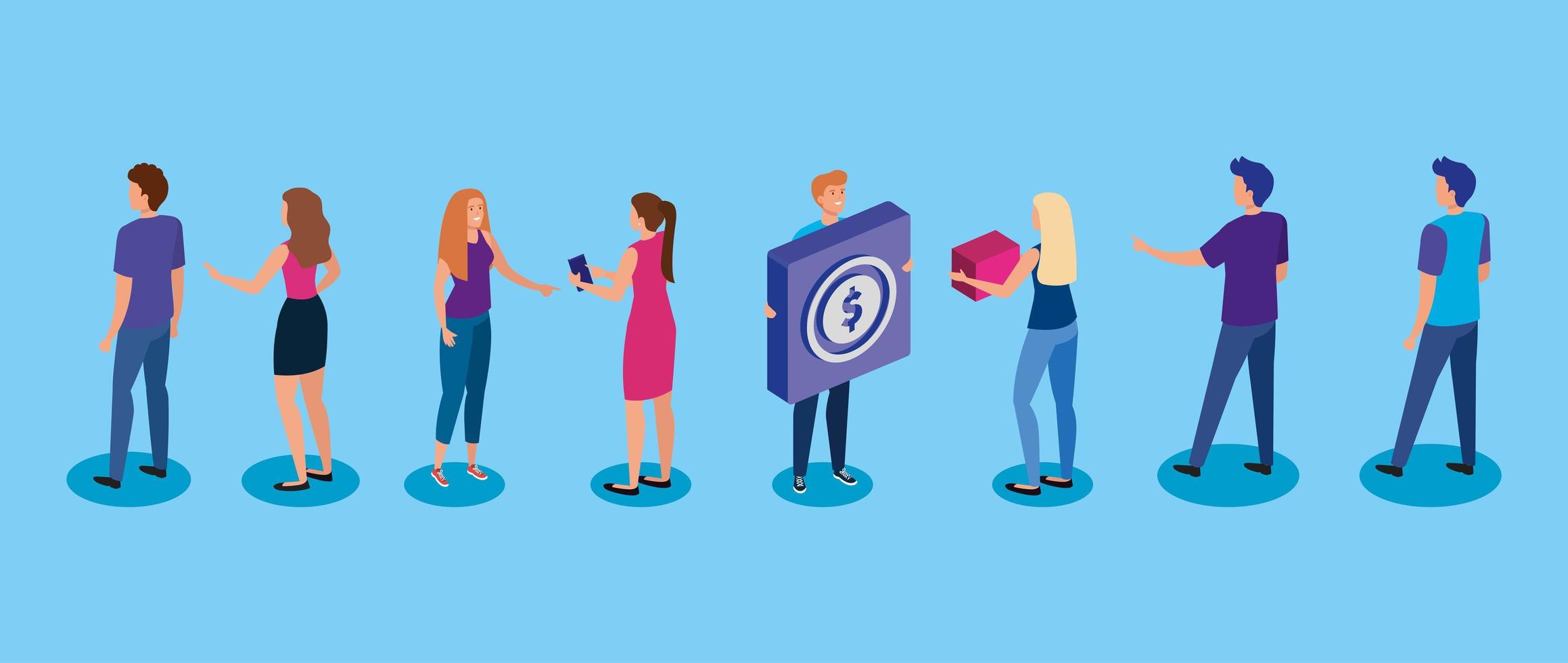 meeting young people and button with coin vector