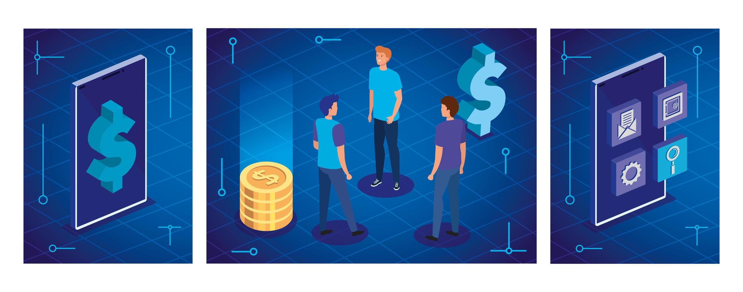 set scenes of people with smartphone and icons vector