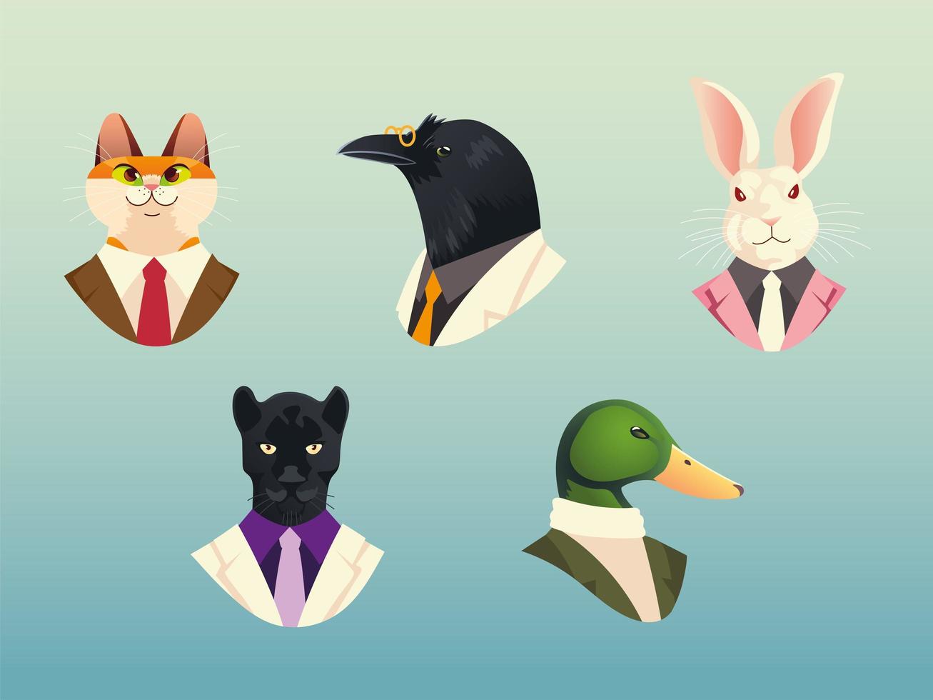 people art animals, cat crow duck panther and rabbit fashion hipster and vintage clothes vector