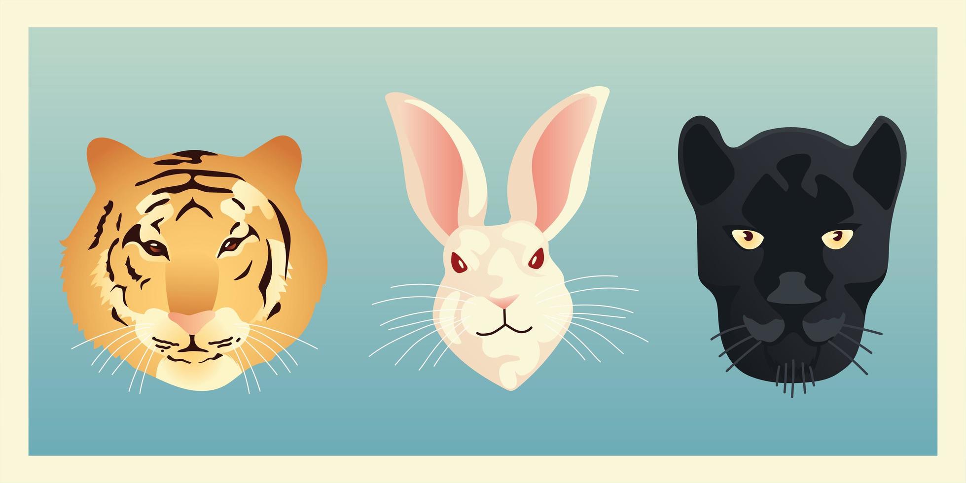 tiger rabbit and panther animals faces wildlife nature style vector