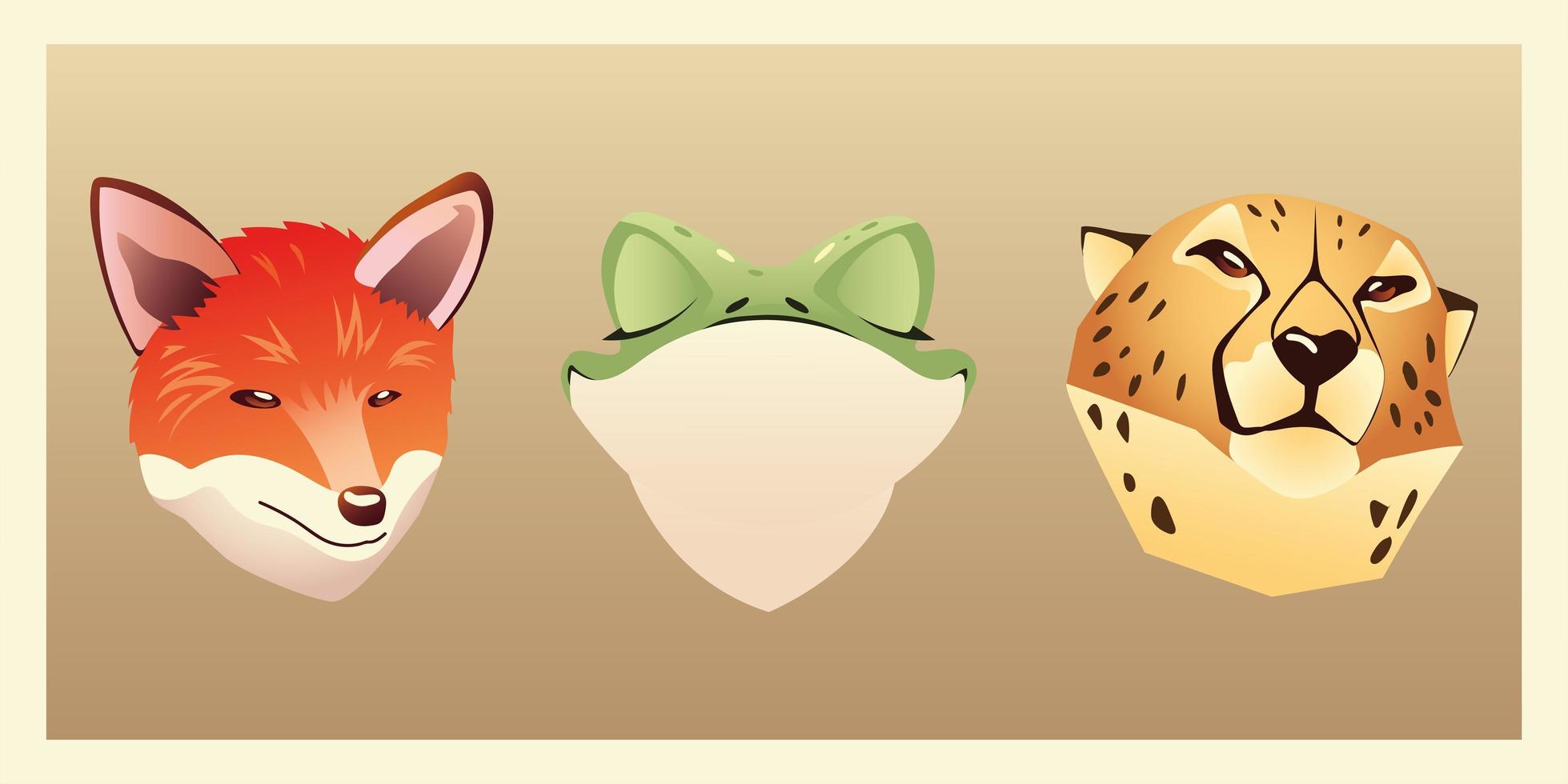 zorro, rana, y, leopardo, cabezas, animales, wlidlife, diseño vector