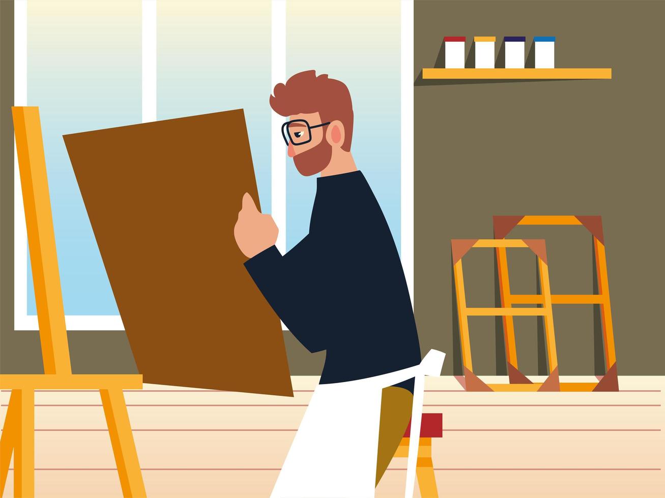 cartoon man painter holding canvas sitting in studio vector