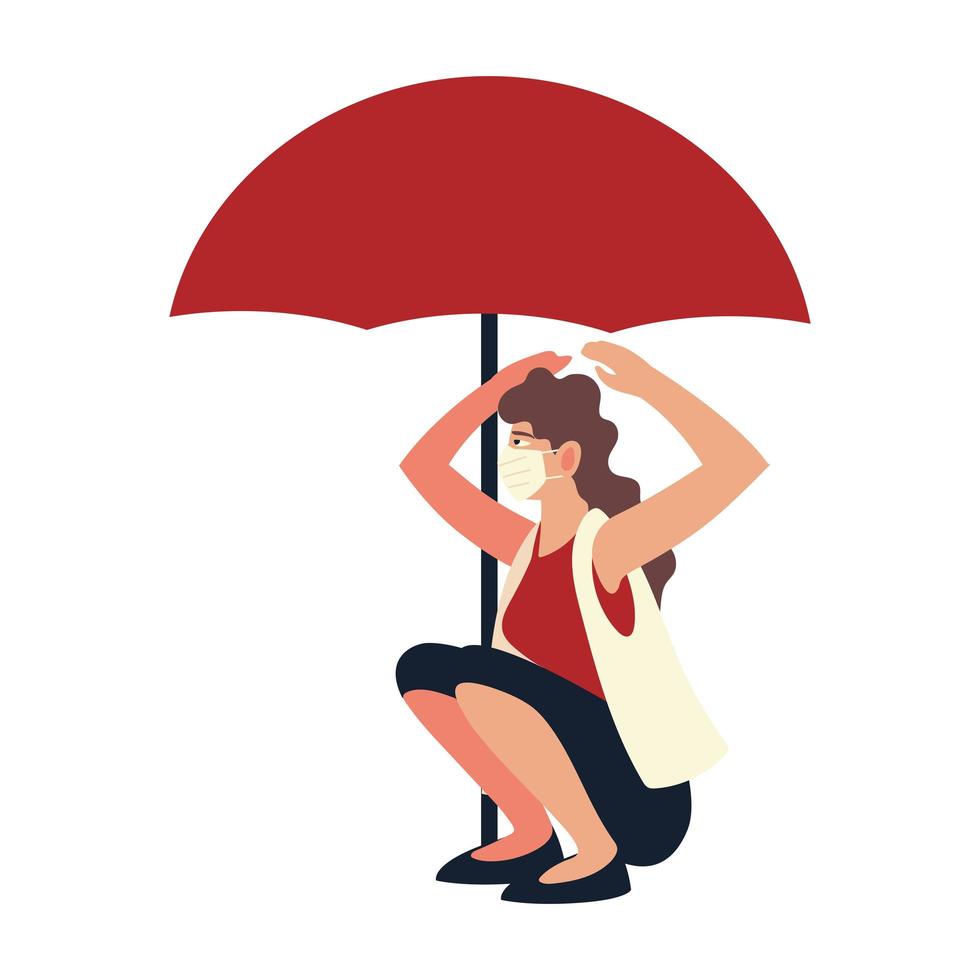 covid 19 virus and woman with mask and umbrella vector design