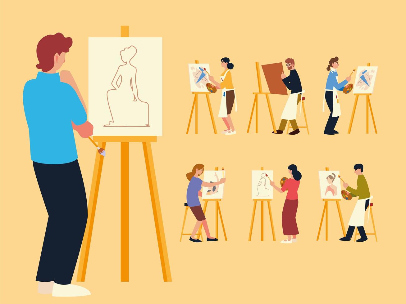 paint class, set of people painting, drawing and making artworks vector