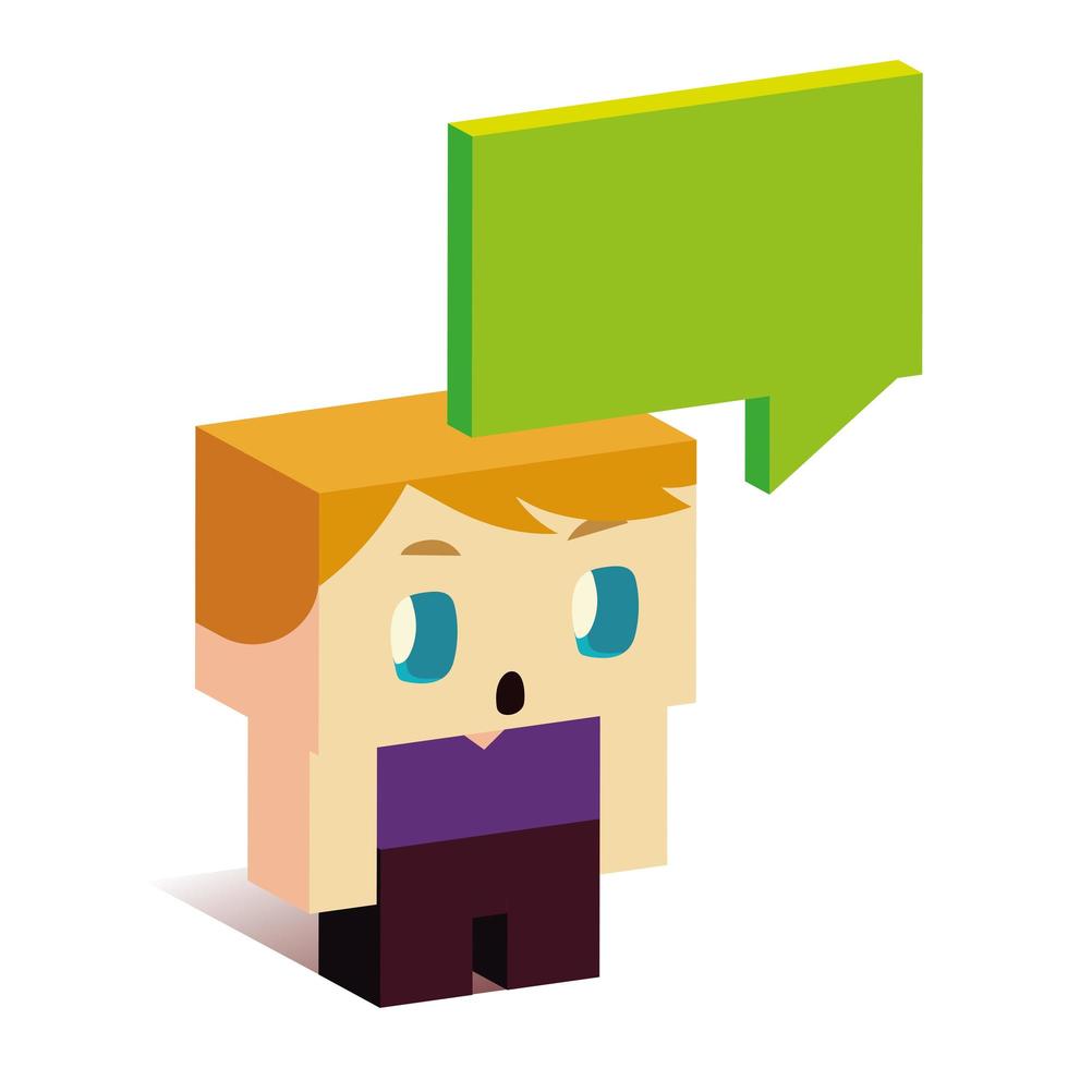 cute surprised boy with speech bubble, isometric design vector