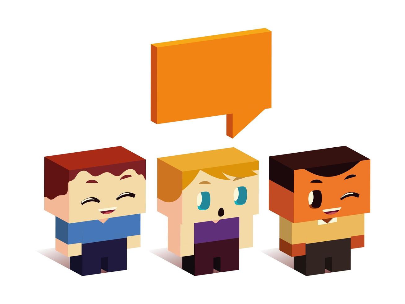 cute group little boys speech bubble cartoon, isometric style vector