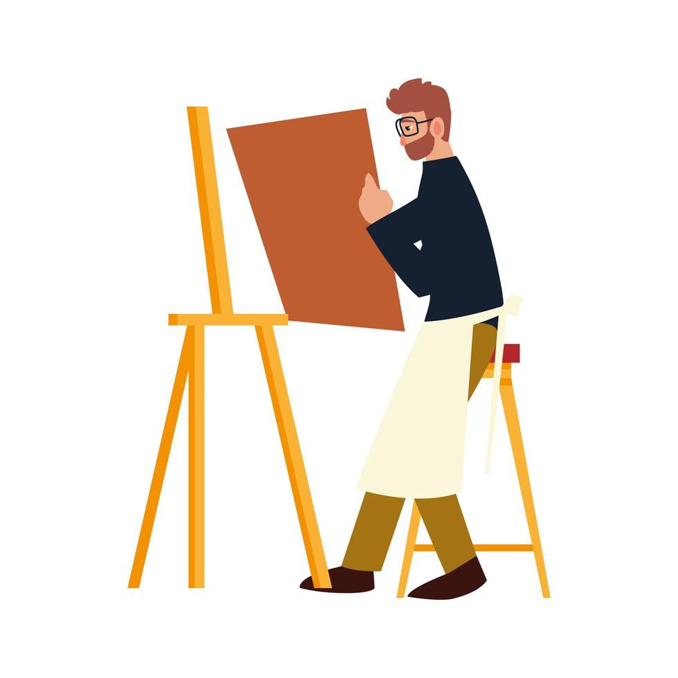 cartoon man painter character holding canvas, sitting next to easel, paint class vector