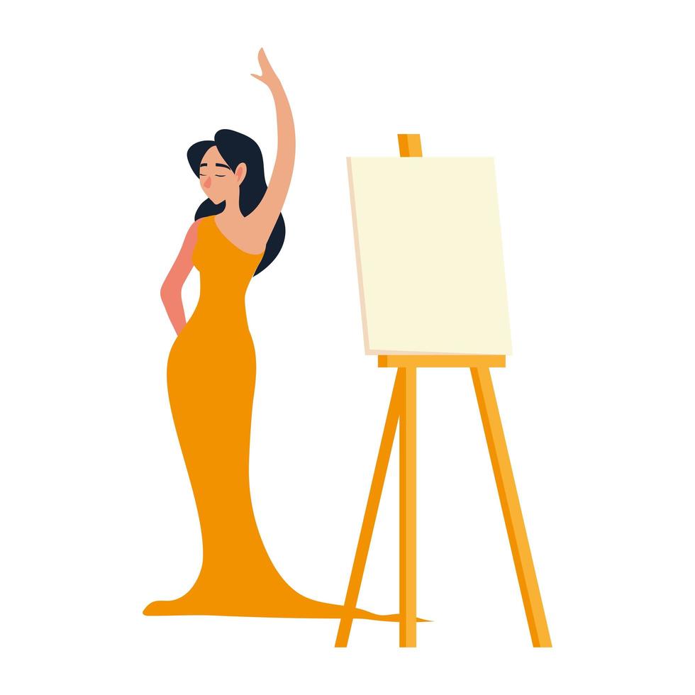 female model in elegant dress with canvas on easel vector