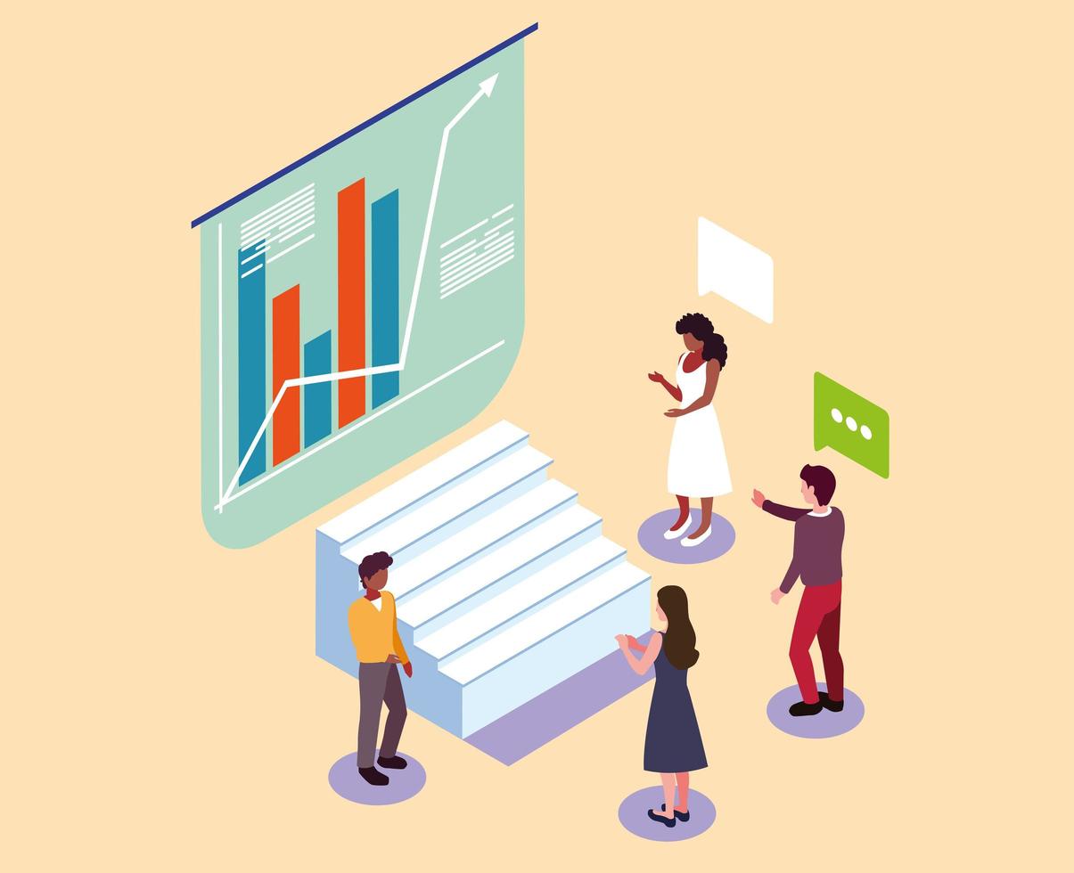 group of people with graphs in front, business working processes and brainstorming vector