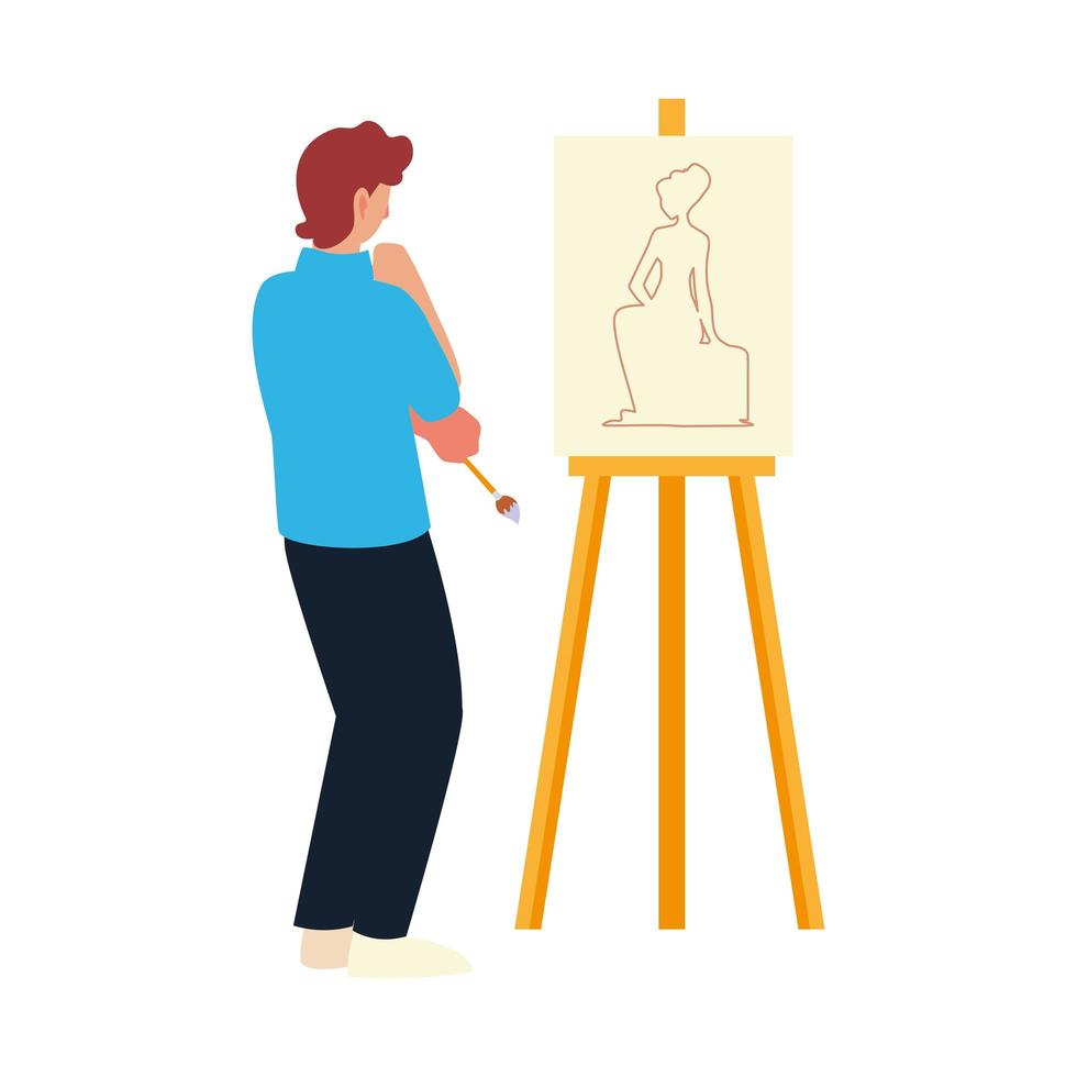 Pintor hombre mirando lienzo con modelo de mujer, clase de pintura vector