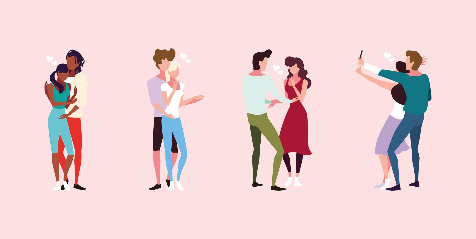 Conjunto de pareja enamorada, hombre y mujer abrazándose cariñosamente vector