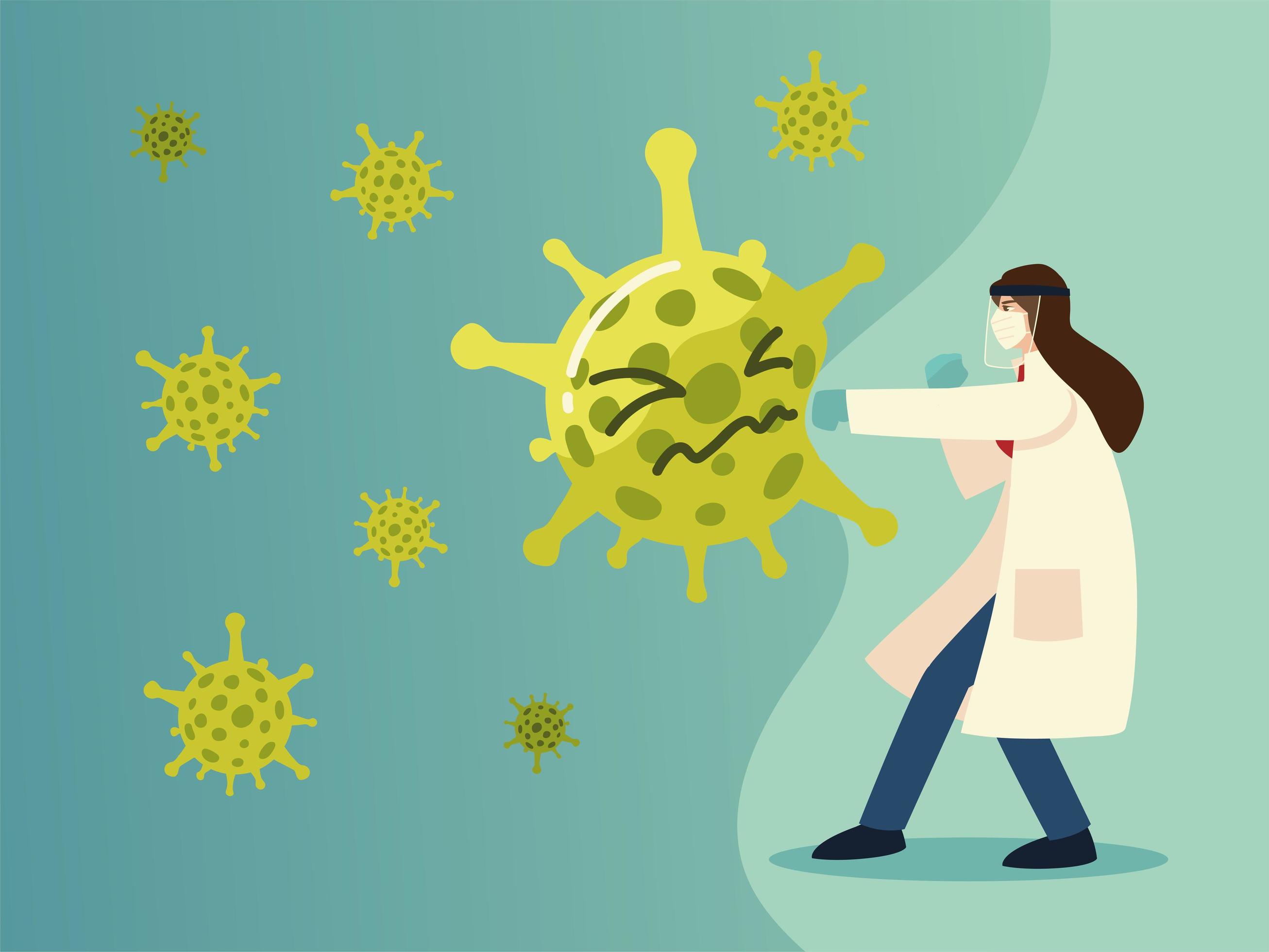 covid 19 virus protection and woman doctor hitting with mask and gloves vector design