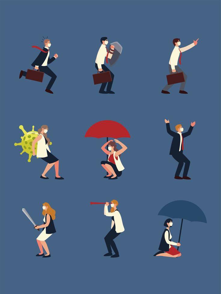 covid 19 virus businesspeople with masks and icon set vector design