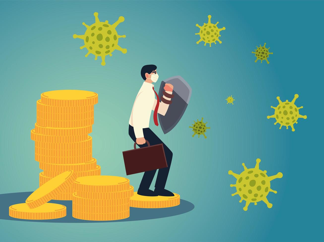 covid 19 virus businessman with mask and shield on coins vector design