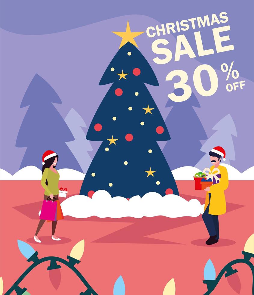 scene of couple with christmas tree and gift vector