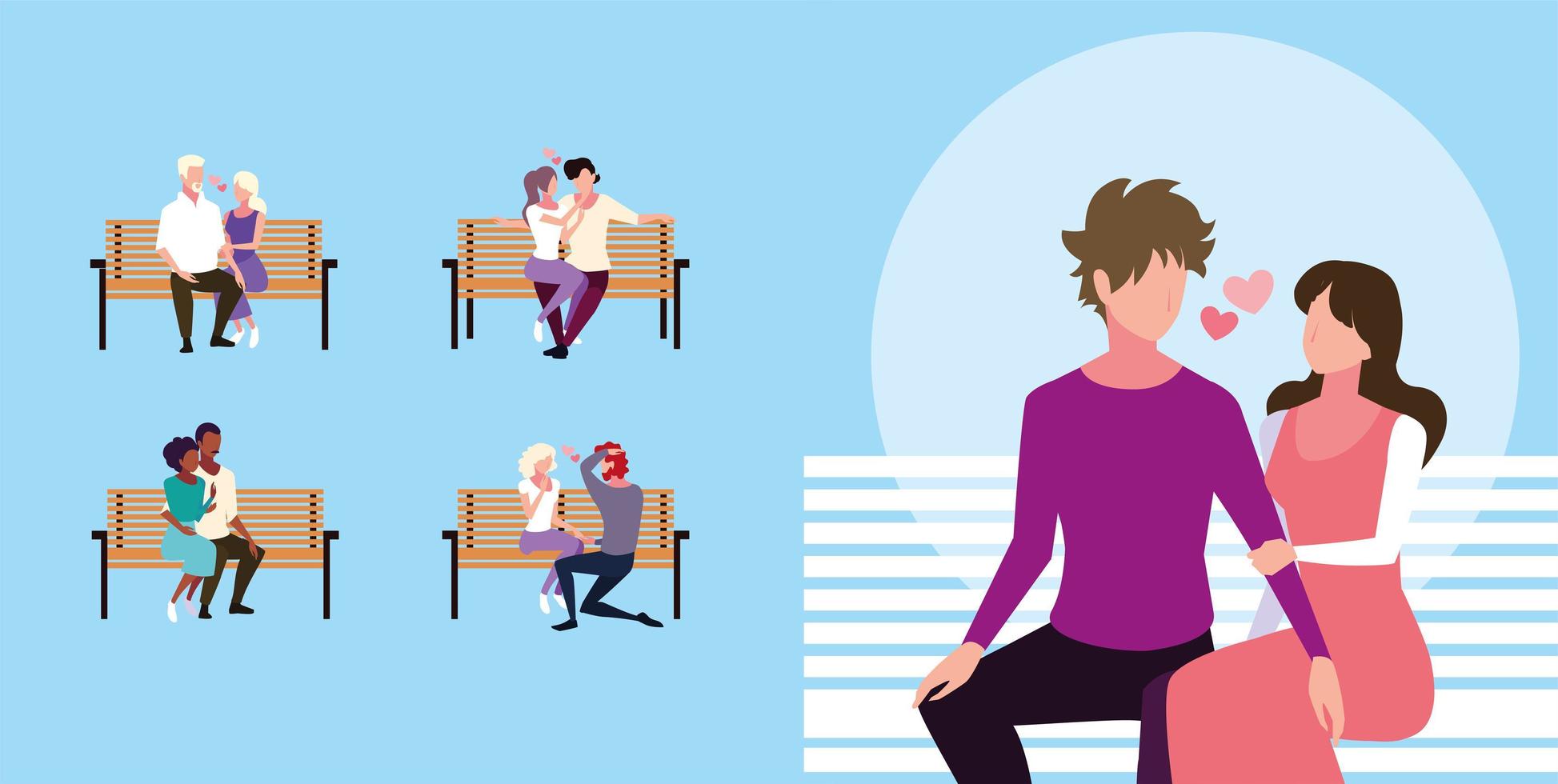 set of couples sitting in the park chair vector
