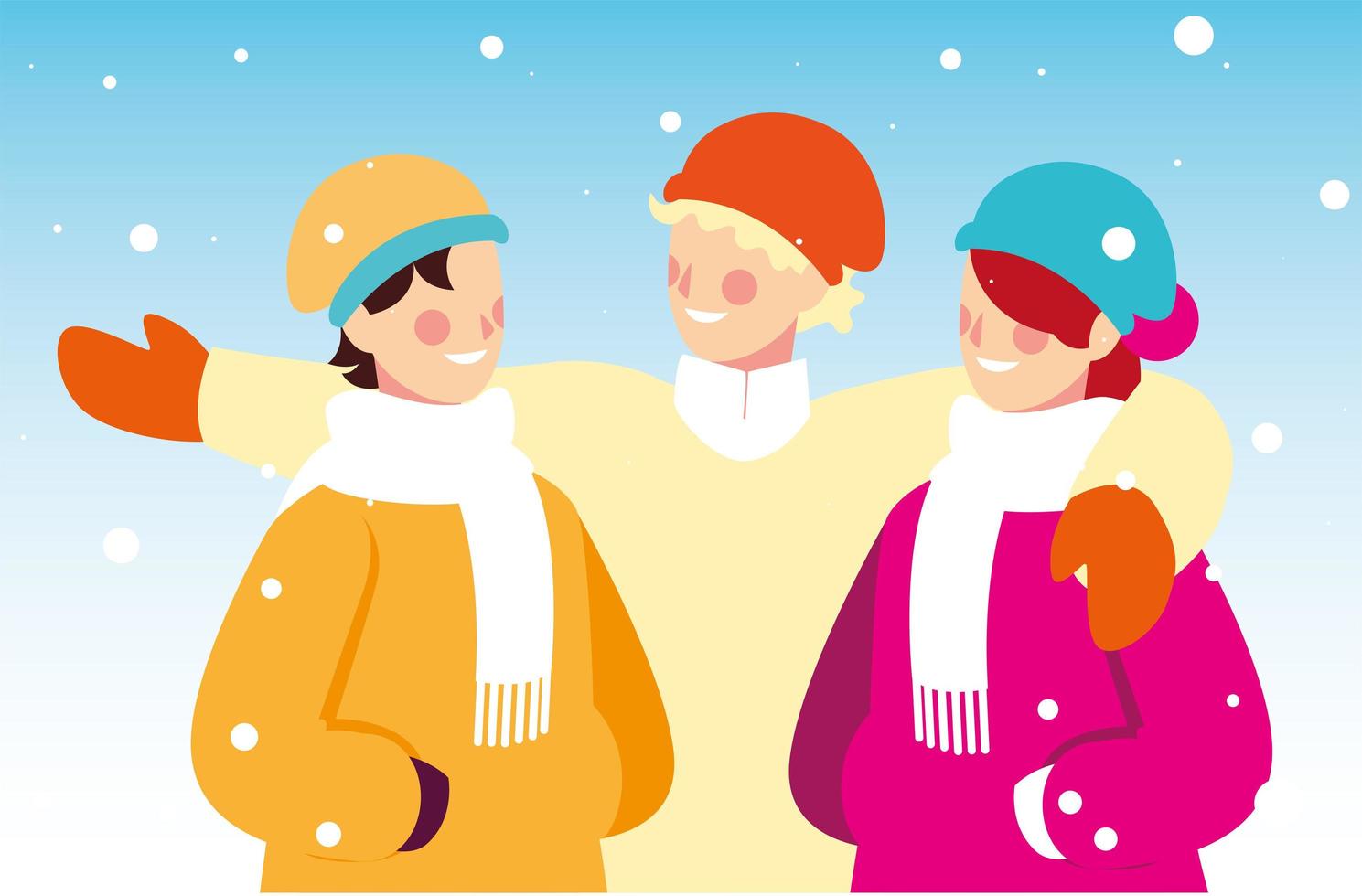 group of people with winter clothes in landscape with snowfall vector