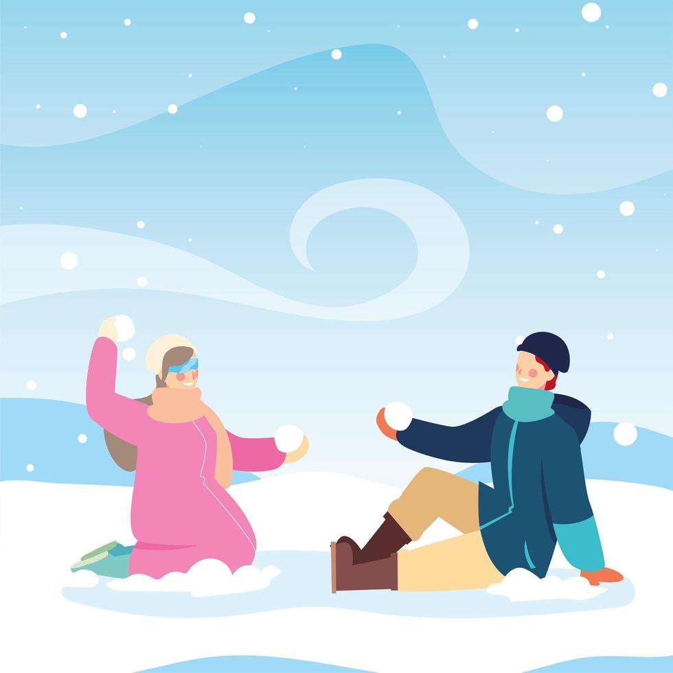 couple of people with winter clothes in landscape with snowfall vector
