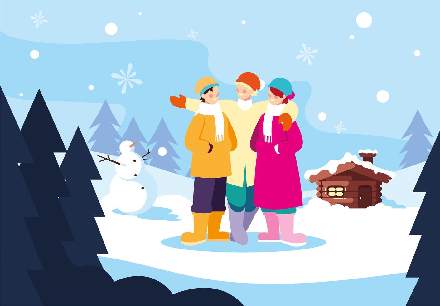 group of people with winter landscape and family house vector