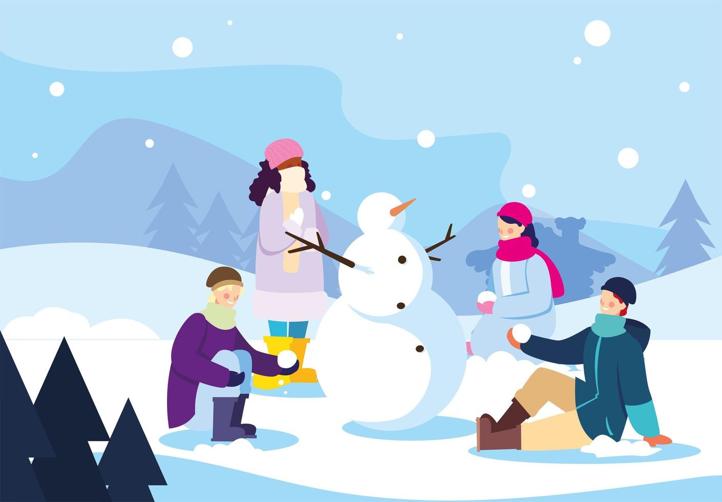 grupo de personas con muñeco de nieve en paisaje invernal vector