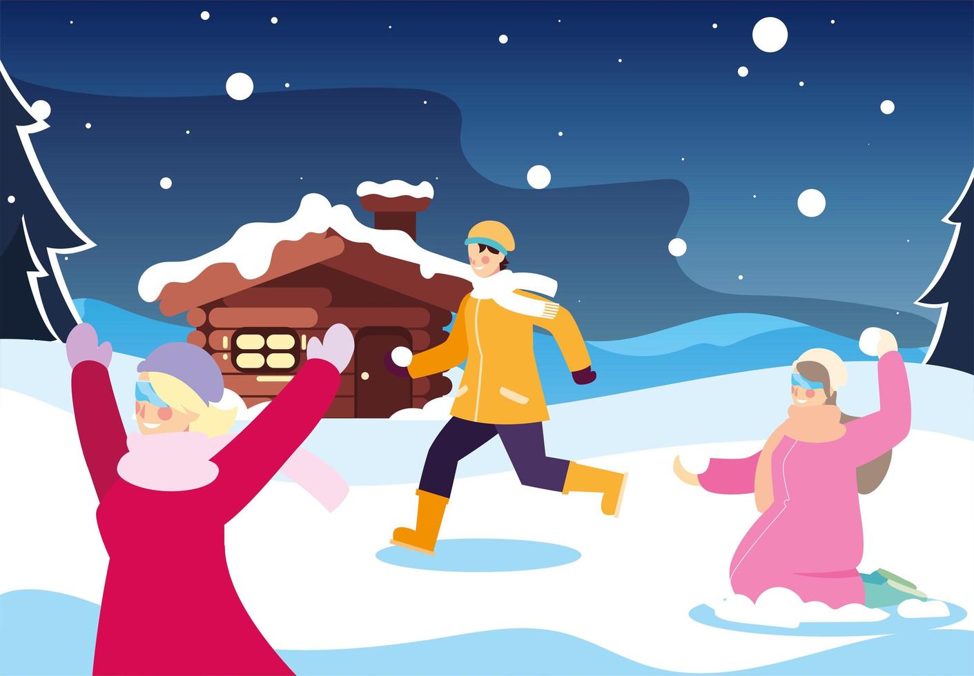 group of people with winter landscape and family house vector