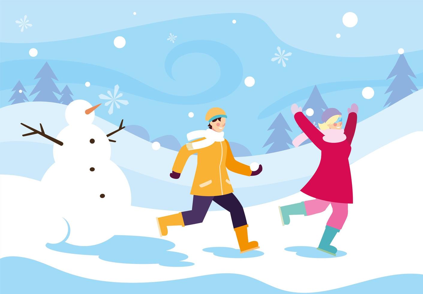 couple of people with snowman in winter landscape vector