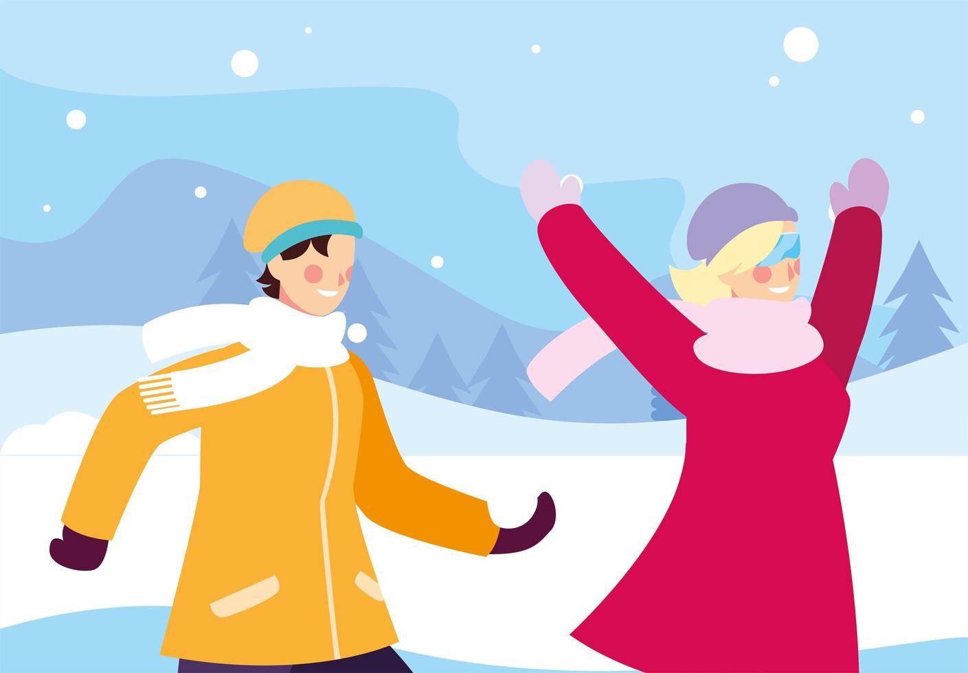 couple of people with winter clothes in landscape with snowfall vector