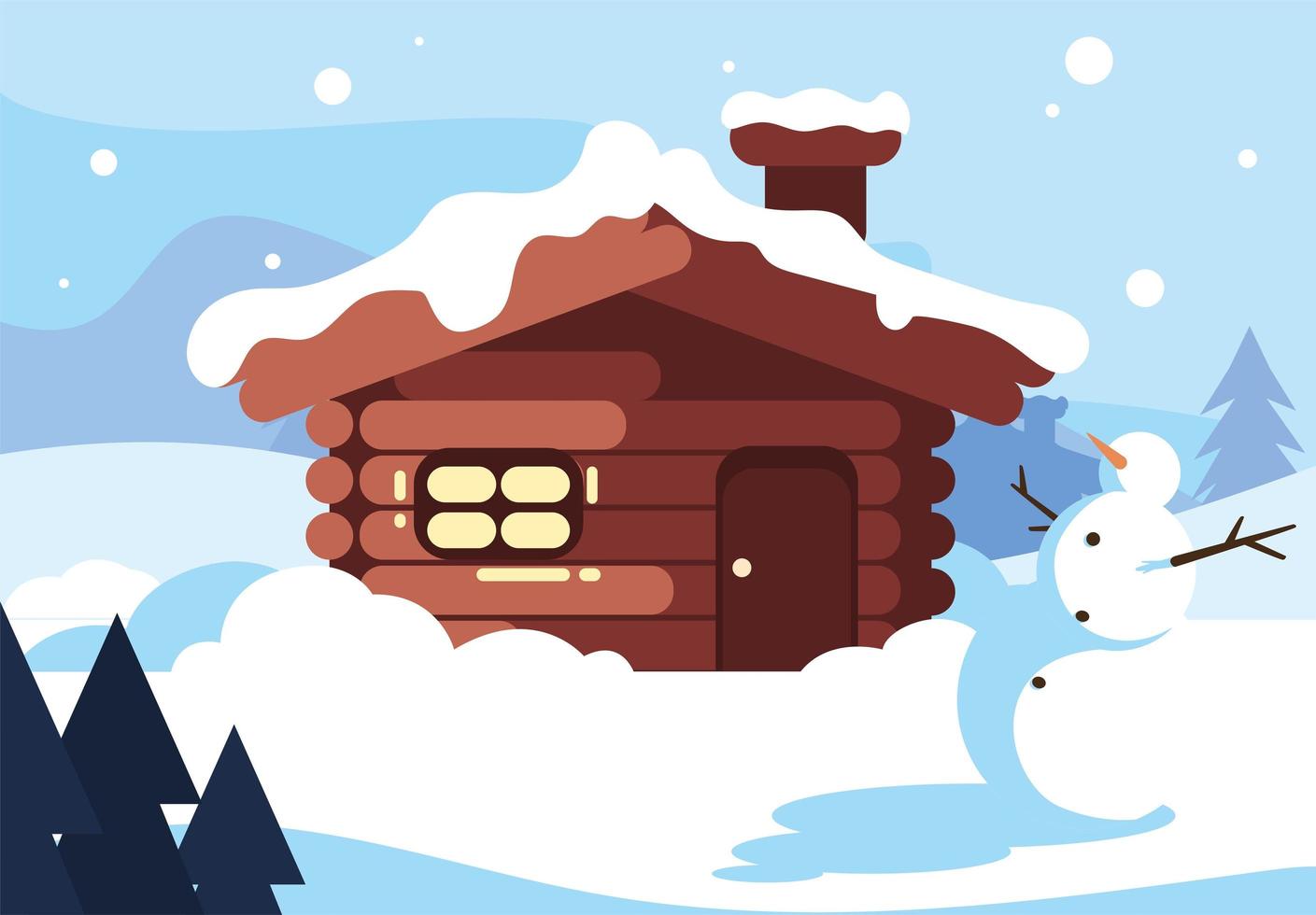 casa familiar con paisaje invernal y muñeco de nieve vector