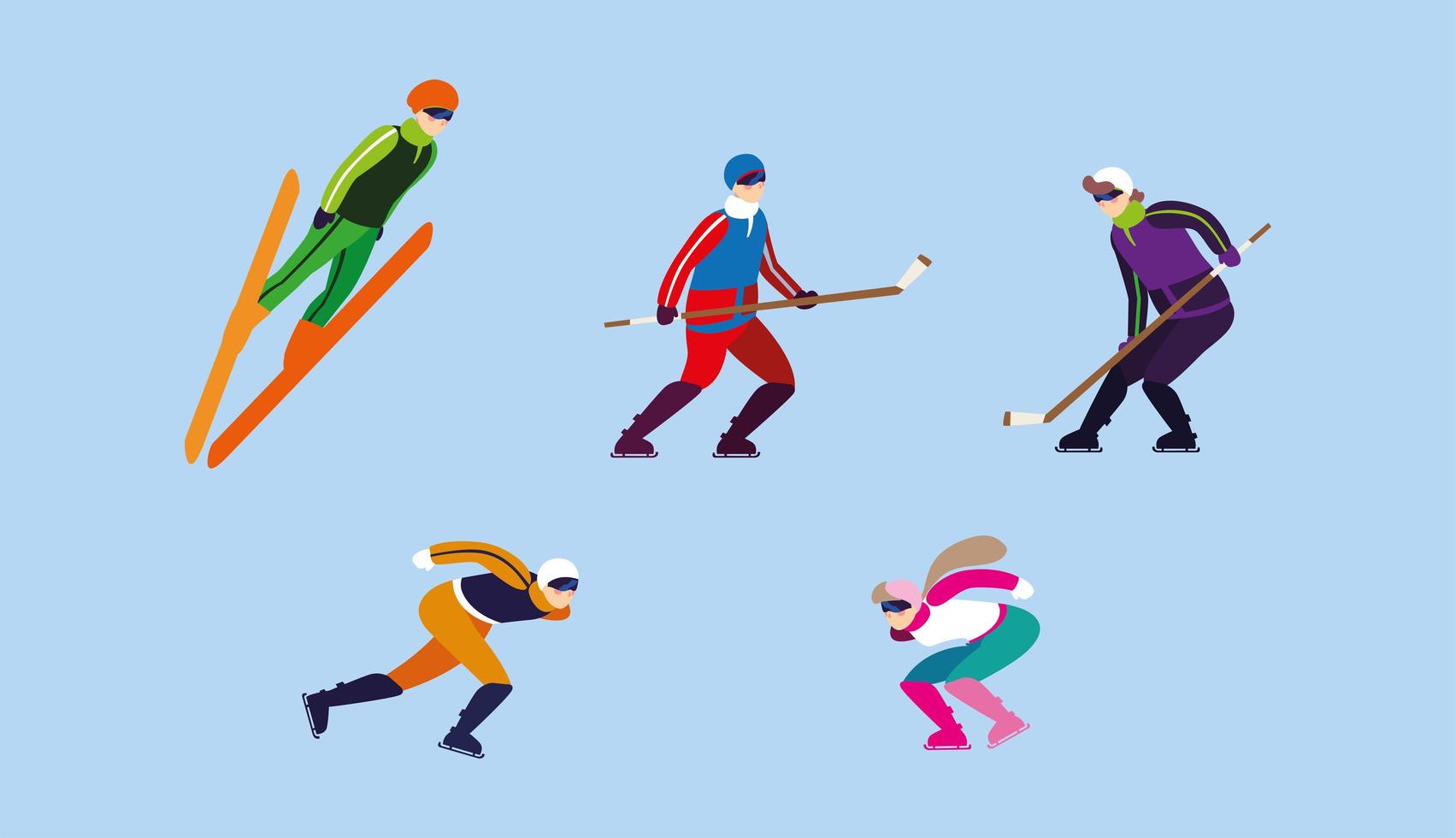 Conjunto de personas practicando deportes extremos de invierno. vector