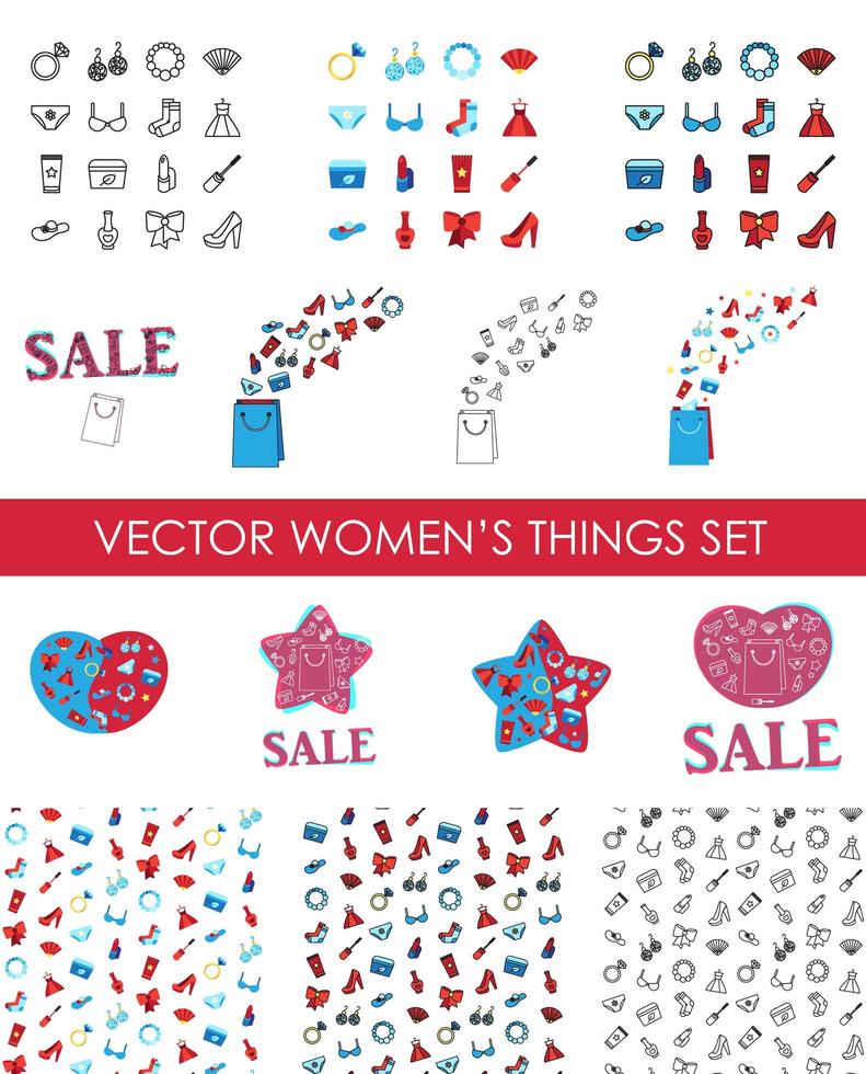 Woman accessories icons set of cosmetics, clothes vector