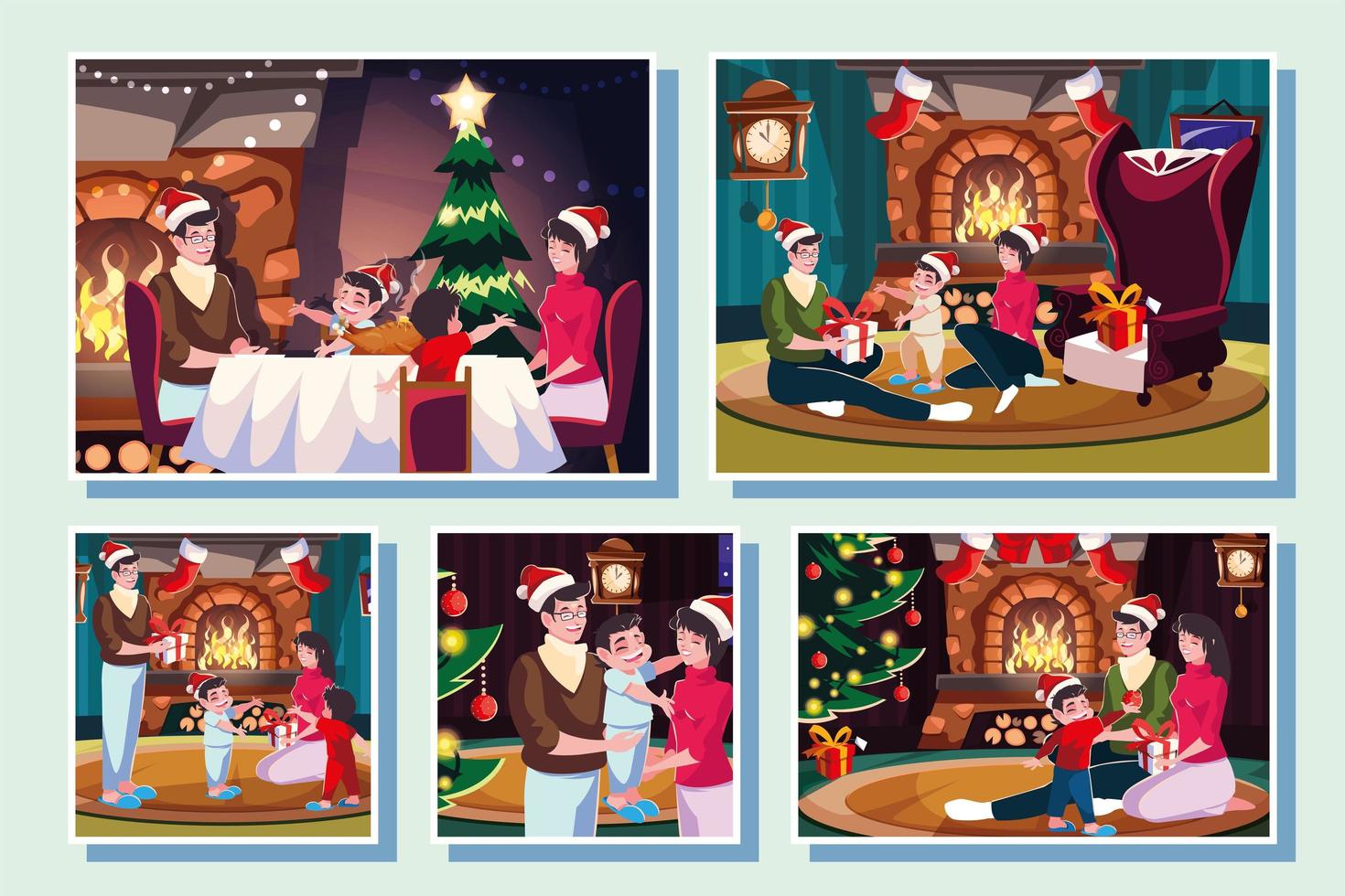 bundle christmas cards with family in christmas evening vector